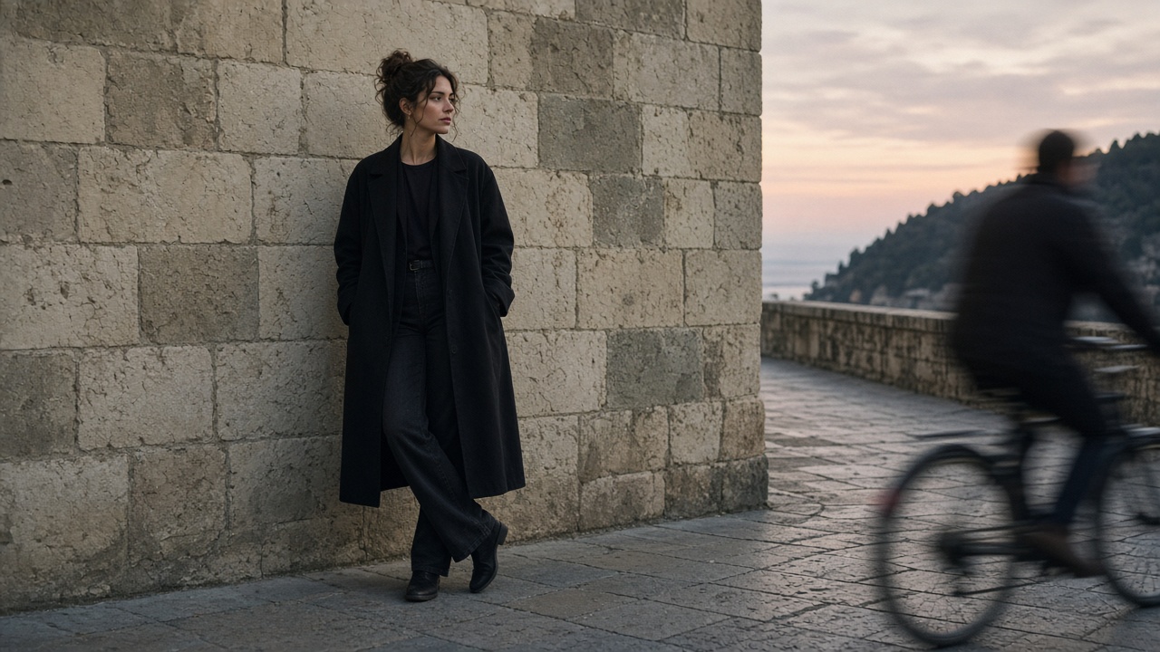A person standing against a quiet stone wall in soft dusk light after passersby have left the frame