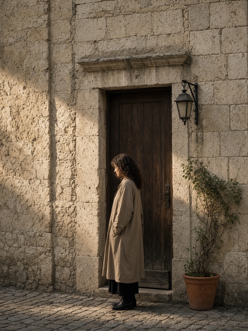 A person standing in a stone doorway with level ground and true vertical walls