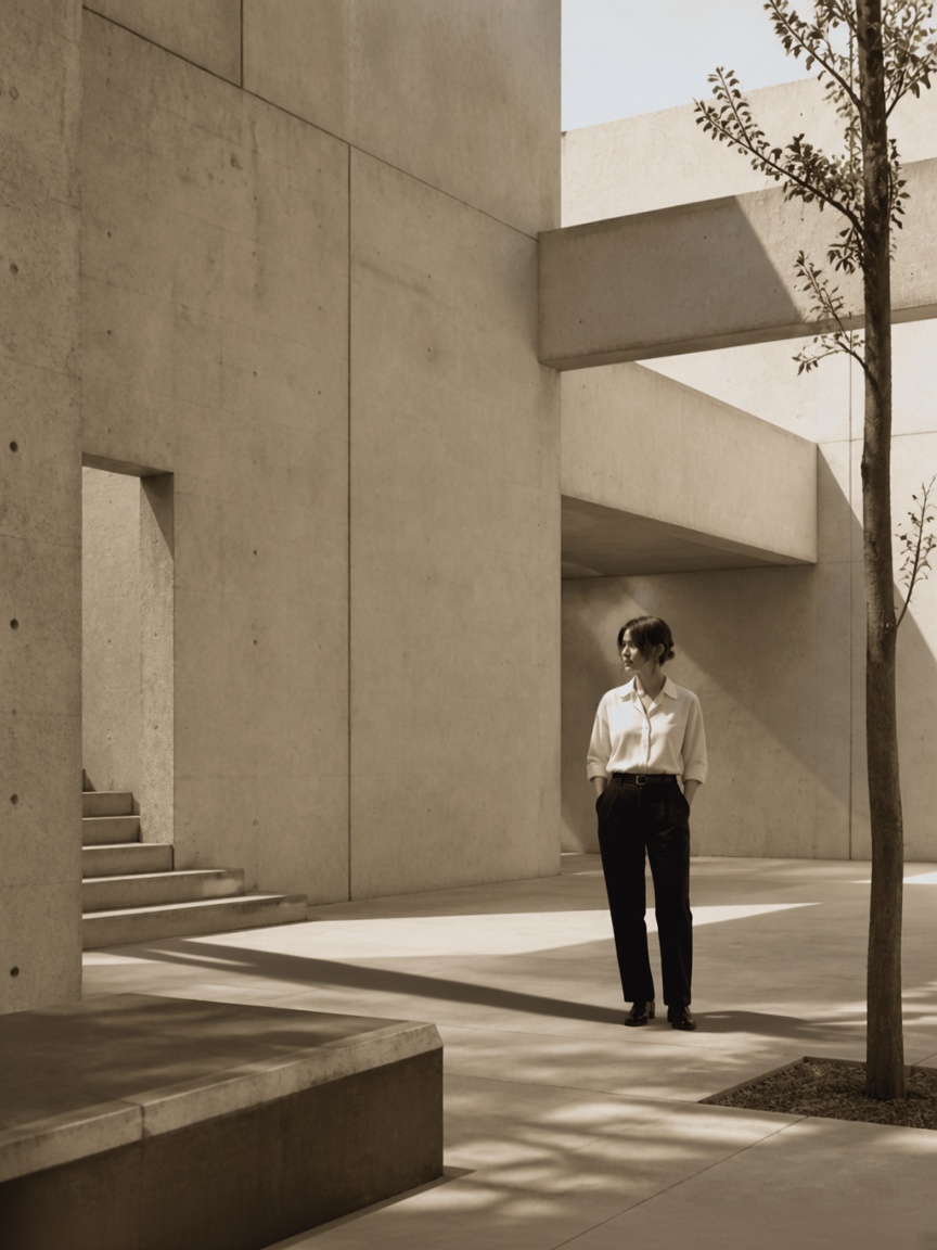 A woman standing in a concrete courtyard while a long shadow crosses the ground and stops at her shoes