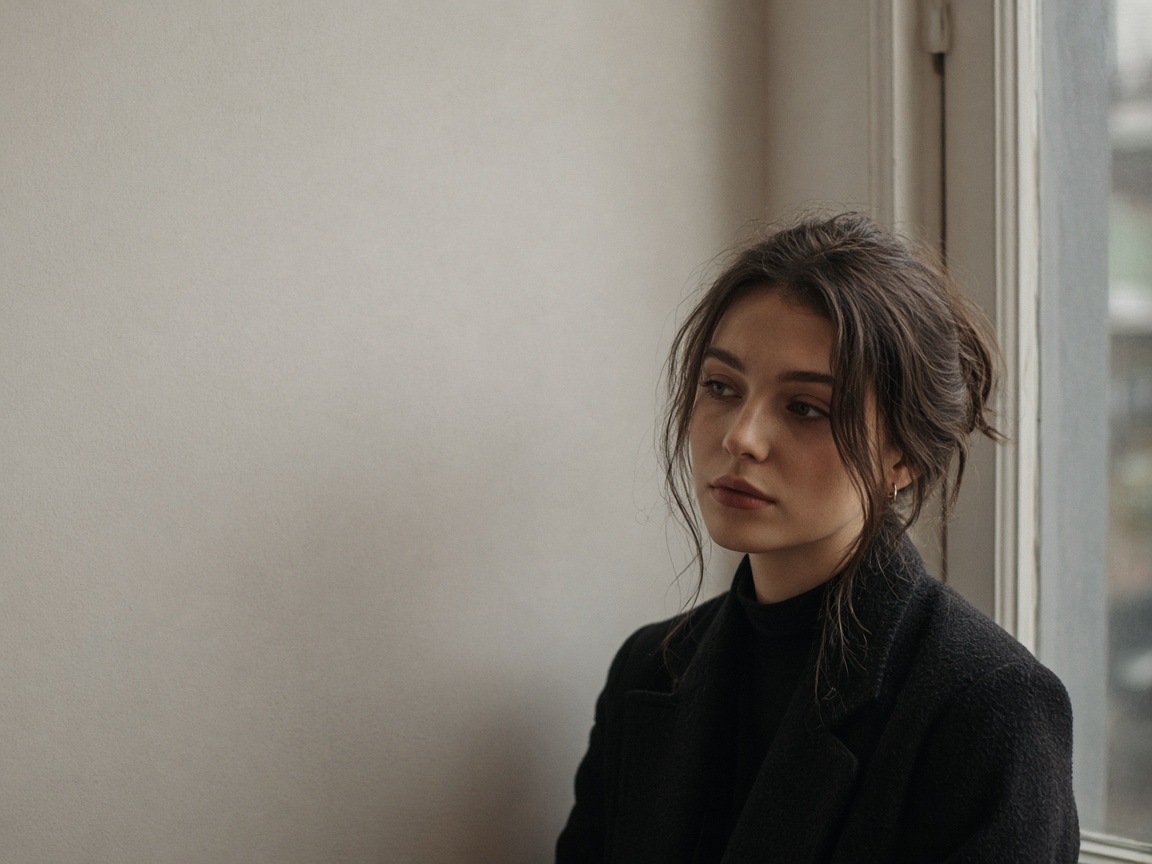 A cafe portrait with the subject on the right and generous empty wall and window light on the left