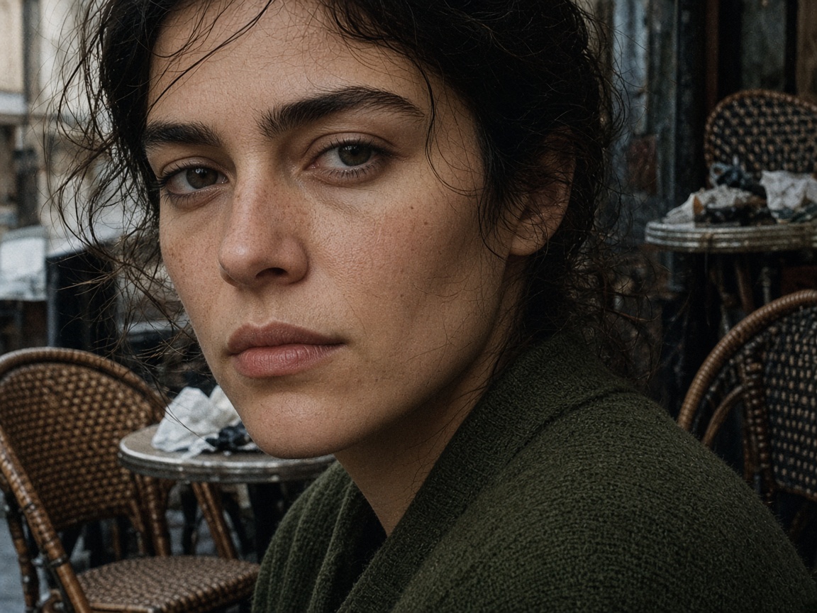 A tight cafe portrait with the face filling most of the frame and a busy background behind