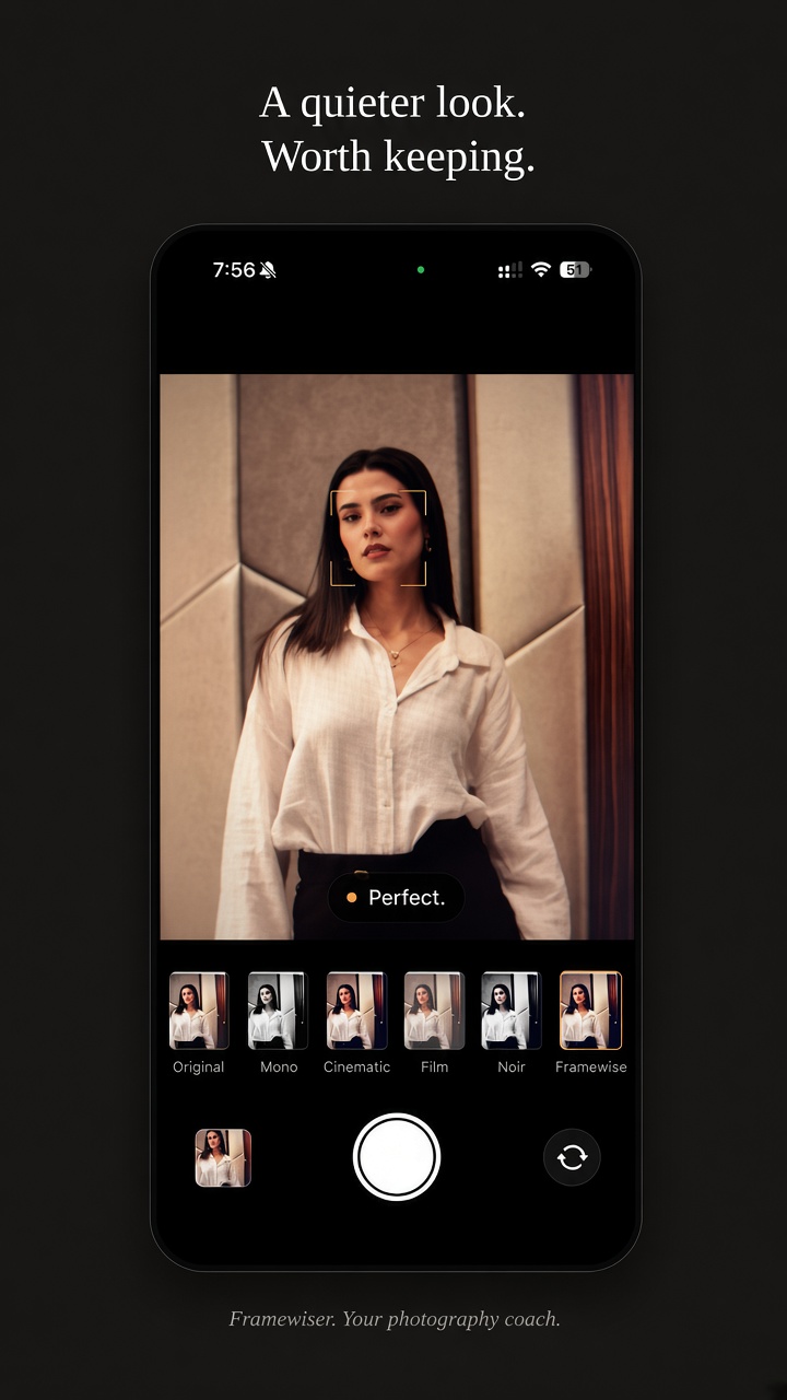 Framewiser marketing mockup showing photographic filters including Framewise